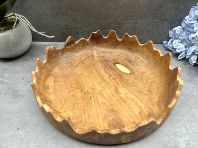 Wooden Bowl Fruit Sweets Nuts Oval Pot Pourri Dish Wood Scalloped Jagged Edge  - Image 1 of 4