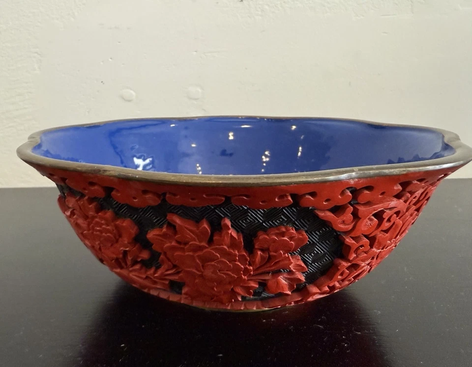 Antique Intricately Carved Floral Chinese Red Cinnabar Bowl W/Blue Enamel Center - Image 1 of 4