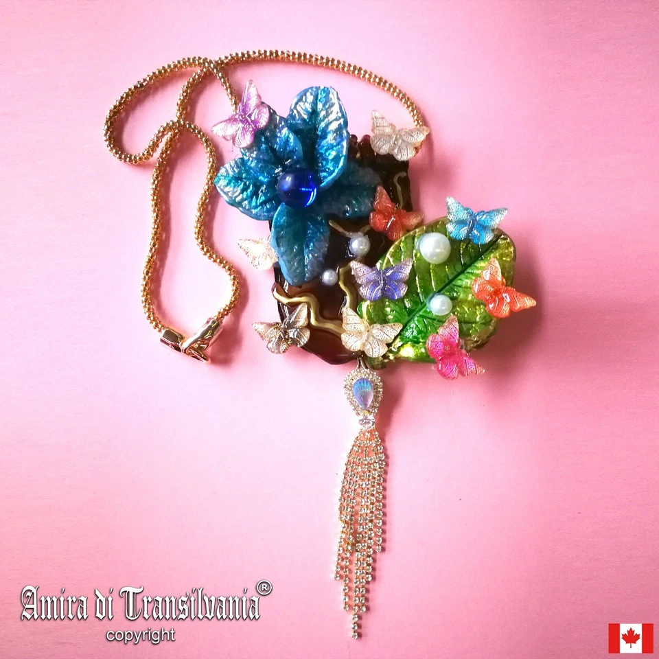 Joyería de Lujo Flor Collar Colgante Floral Orquídea Mariposa Cristal Dije Babero Foto 1 de 4