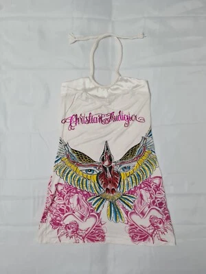 Christian Audigier Women Vintage White Crystal Eagle Goth Scul Mini Dress Size L - Image 1 of 4