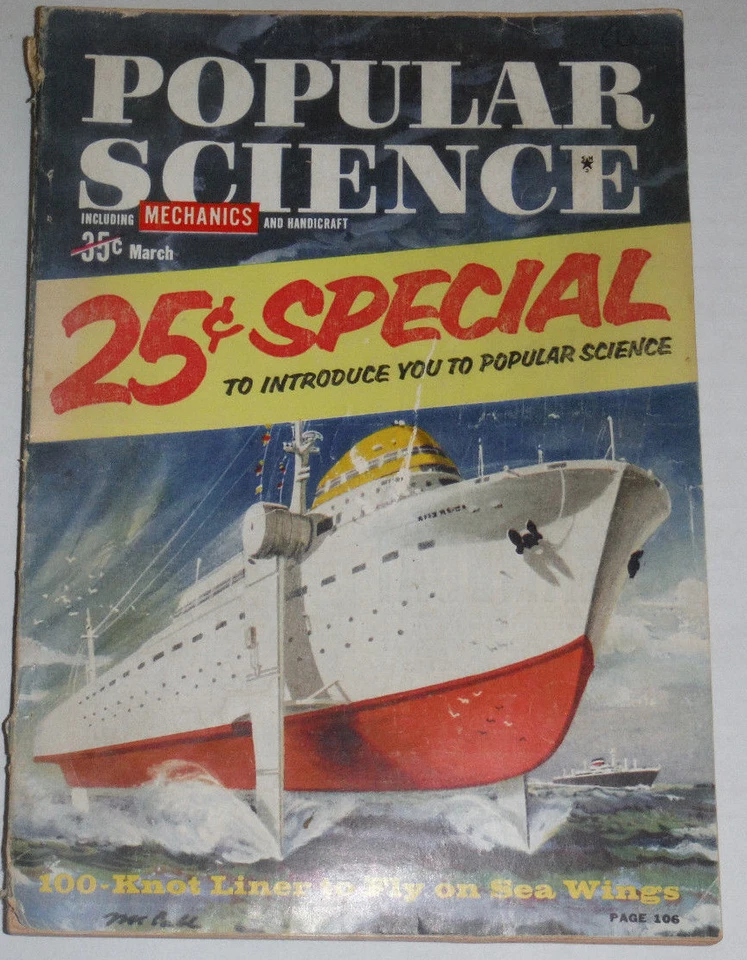 Popular Science Magazine 100 Knot Liner To Fly On Sea Wings March 1959 120514R - Image 1 of 1
