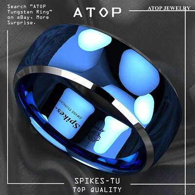 8mm ATOP Dome Blue Silver Edges Tungsten Ring for Men Comfort Fit Wedding Ring - Image 1 of 4