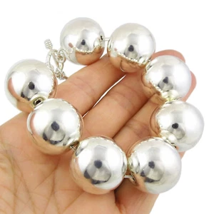 Pulsera bola plata de ley 925 Hallmarke pulida cuentas grandes tamaño ajustable - Imagen 1 de 6