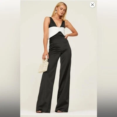 Alexis 女式 Marinna 黑色白色宽腿蝴蝶结缎面裤子连身裤 M 码 — 第 1/4 张图片