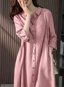 Camisa larga de vestir transpirable holgada de algodón con cuello abotonado para mujer - Imagen 1 de 15