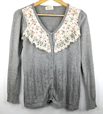 Y2K LELLOW LUCY Women Grey Floral Lace Button down Cardigan Size Small S Casual - Image 1 of 4