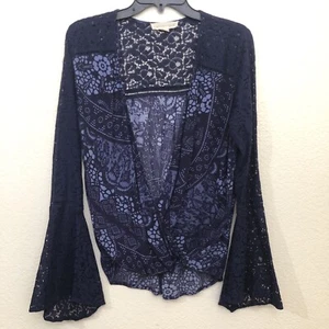 LOVESTITCH Womens Large Bell Sleeve Mixed Media Cross Front Blouse Top NWOT Blue - Picture 1 of 14
