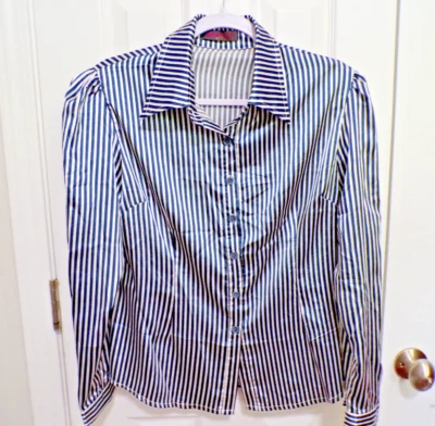 Mujer Botón Frontal Manga Larga Rayas Azul/Blanco Sedoso Talla L/XL #2 Foto 1 de 4