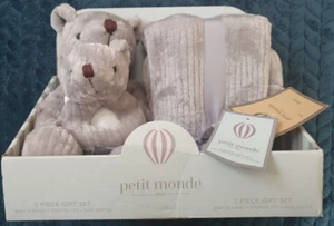 Petit Monde Teddy Bear soft toy Rattle & Blanket grey ribbed 3 Piece Gift Set - Picture 1 of 10