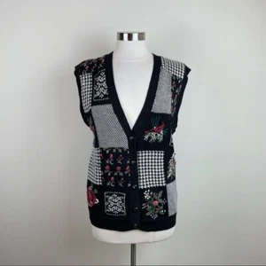 Vintage Susan Bristol Rose Floral Red Black White Knit Vest Women Small 1994 - Picture 1 of 7