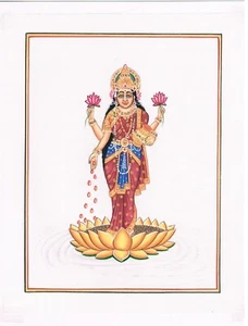 Handmade Religious Painting Of Goddess Laxmi Fine Art On Silk Cloth 8x10 Inches - Picture 1 of 5