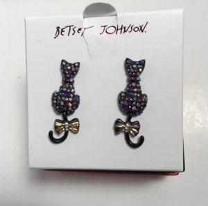 AUTH BETSEY JOHNSON BLACK CAT POST EARRINGS RHINESTONES NEW - Picture 1 of 5