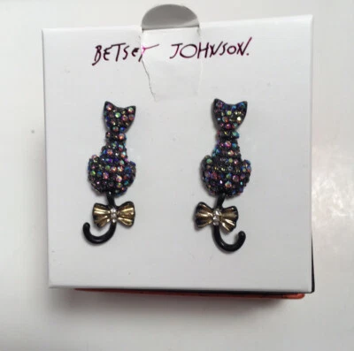 AUTÉNTICOS PENDIENTES BETSEY JOHNSON POSTE GATO NEGRO PEDRERÍA NUEVOS Foto 1 de 4