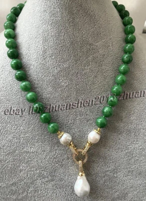 10毫米圆形绿色翡翠宝石串珠和白色巴洛克珍珠吊坠项链20 — 第 1/4 张图片
