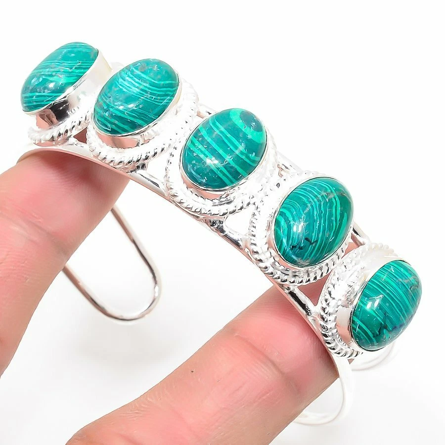Brazalete de joyería de plata de ley 925 hecho a mano con piedras preciosas de malaquita verde talla 7-8 Foto 1 de 1
