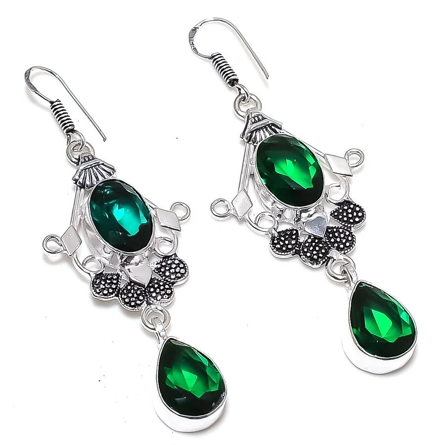 Chrome Diopside Gemstone 925 Sterling Silver Handmade Jewelry Earring Sz 1.50" - Image 1 of 1