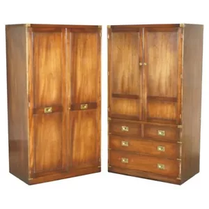 PAIR OF VINTAGE SOLID MAHOGANY & BRASS MILITARY CAMPAIGN WARDROBES WITH DRAWERS - Picture 1 of 24