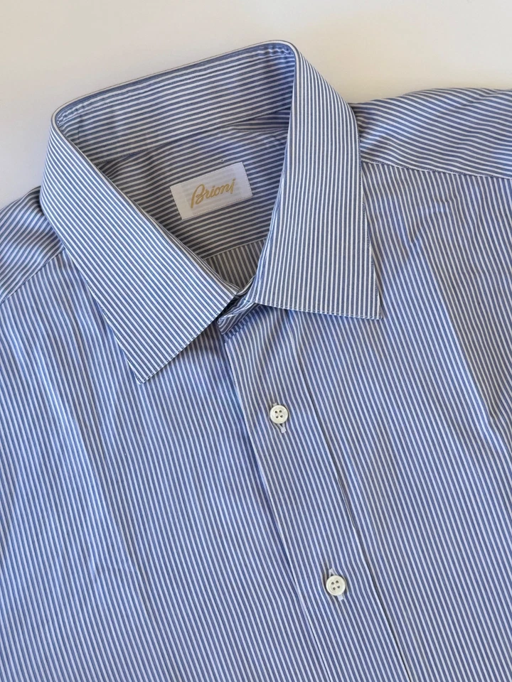 Camisa de vestir Brioni azul a rayas para hombre 17,5 45 puños franceses formal lujo Italia Foto 1 de 4