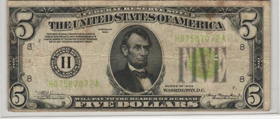 Fr.1955-H 1934 $5 LGS Federal Reserve Note Circulated - Image 1 of 2
