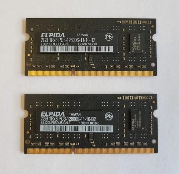 ELPIDA 4GB ( 2 x 2GB ) 1Rx8 PC3-12800S LAPTOP Memory RAM EBJ20UF8BDU0-GN-F - Image 1 of 1