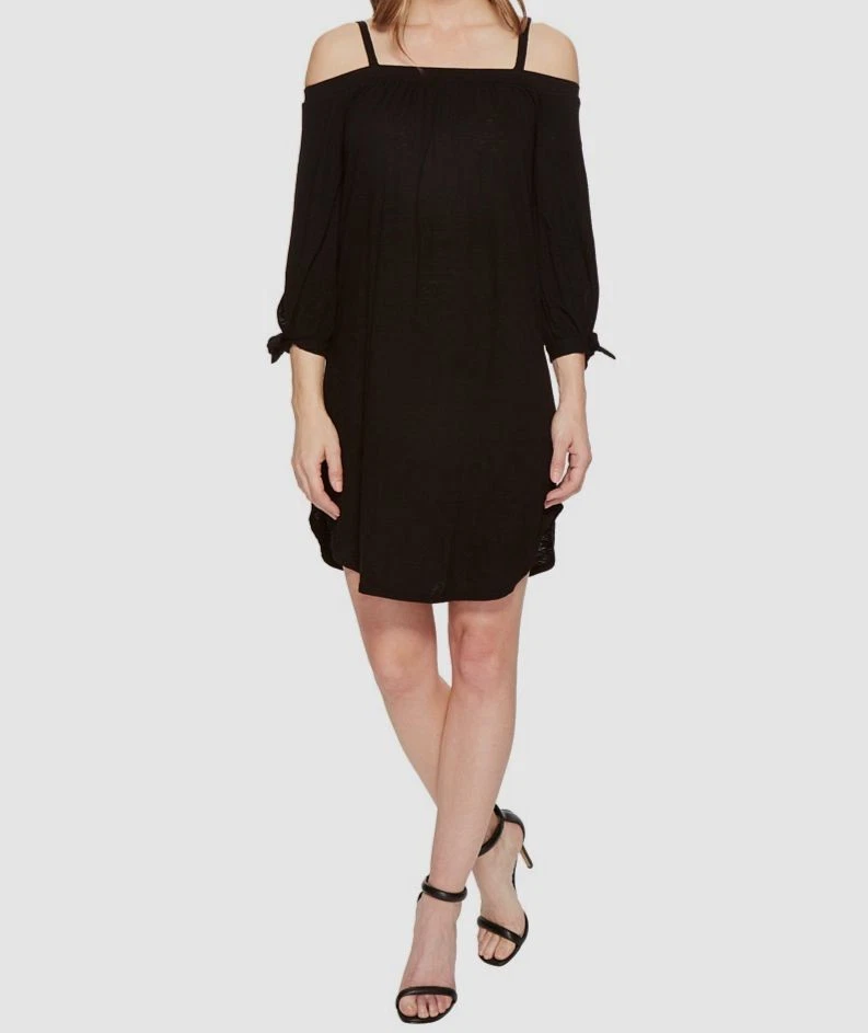 Vestido para mujer Three Dots negro liso tejido ecológico manga 3/4 hombro frío talla M Foto 1 de 1