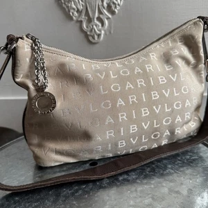 BVLGARI Logo Mania Tan Canvas & Brown Leather Trim Shoulder Handbag Purse - Picture 1 of 11