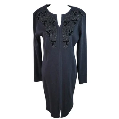 Vestido Vintage Años 90 Negro Mezcla Lana Bordado Rodilla Cuentas Terciopelo Floral Mediano Foto 1 de 4