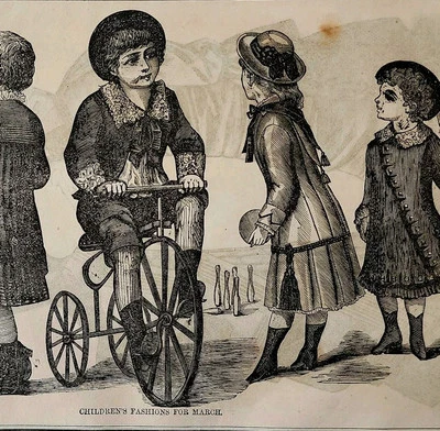 Triciclo victoriano 1881 grabado en madera para niños marzo primavera moda DWQQ19 Foto 1 de 2