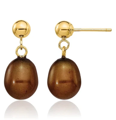 Pendientes colgantes de perlas cultivadas de agua dulce de arroz integral de 7 mm de oro amarillo macizo de 14K Foto 1 de 4