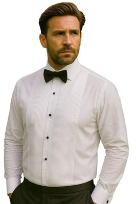 White Pleat Tailored Fit Dress Shirt, Double Cuff #Q203/1 - Image 1 of 4