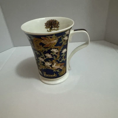 Harrods Knightsbridge Footed Mug Peacock Birds Gold Blue Bone China England - Image 1 of 4