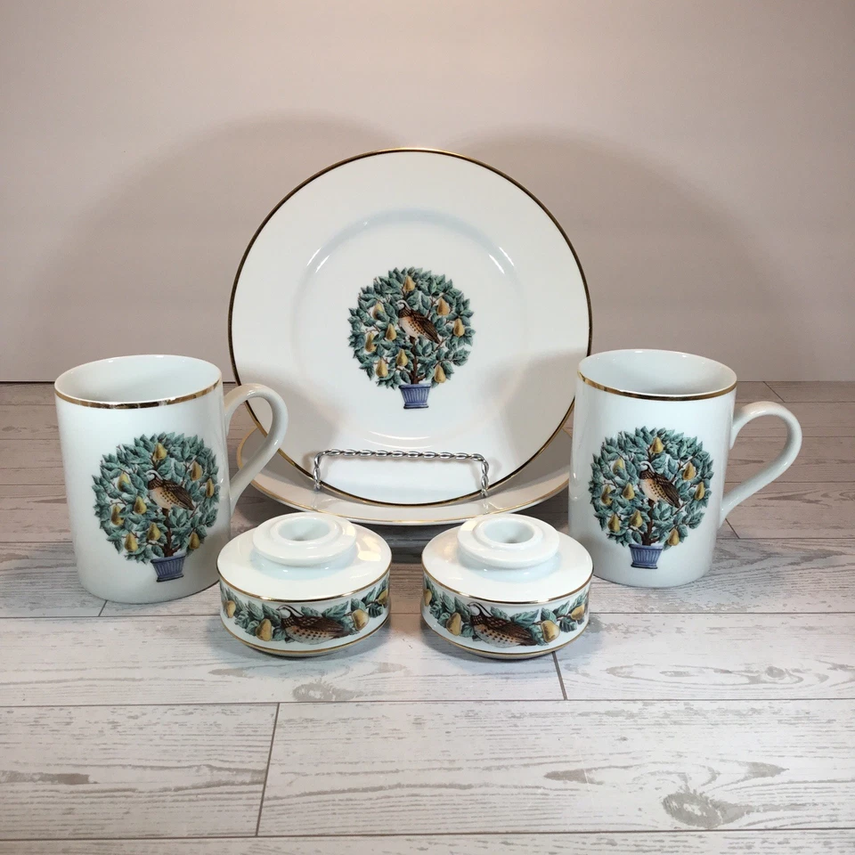 Vintage “Partridge In A Pear Tree” By Avon, 2 Plates, 2 Mugs, 2 Candle Holders - Image 1 of 4