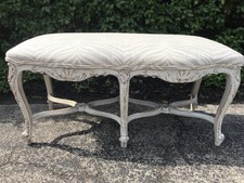 Antique French Painted Bench Stool Brunschwig Fils Tiger Linen French Blue Gray