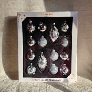 14 Glass BE MERRY Glittery Teardrop Round Medium Christmas Ornaments in Box NEW - Picture 1 of 8