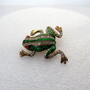 Broche de rana vintage tono dorado esmalte verde y cristal broche prendedor - Imagen 1 de 4