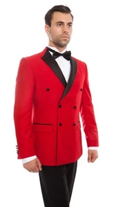 Men's Slim Fit Double Breasted Tuxedo Satin Peak Lapel Formal Grooms Tux Suit - Picture 1 of 13