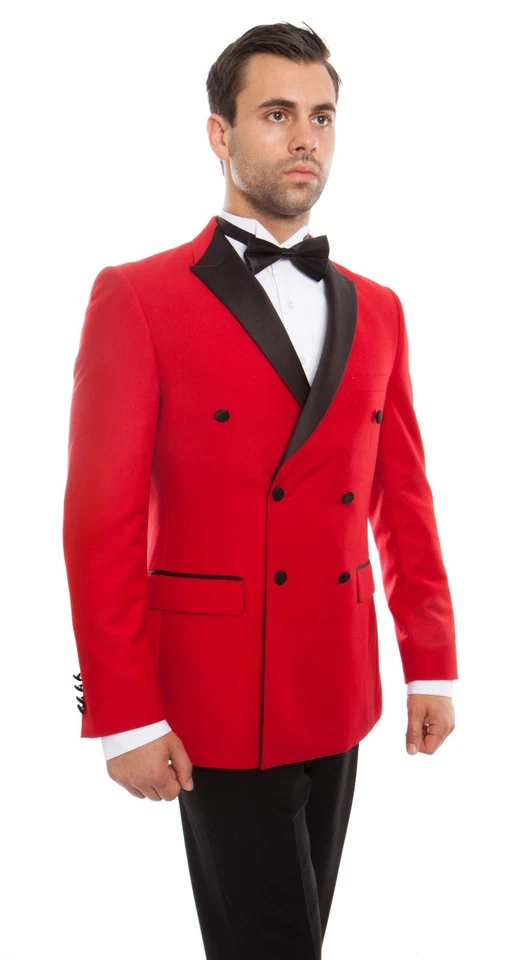 Men's Slim Fit Double Breasted Tuxedo Satin Peak Lapel Formal Grooms Tux Suit - Image 1 of 4