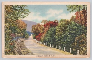 Escena de Carretera en Maine 2 Lane Road Vintage Lino Postal Árboles de Otoño Color - Imagen 1 de 2