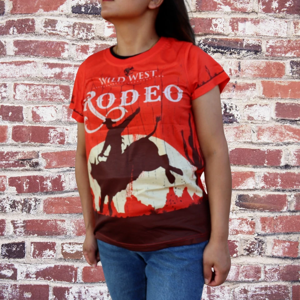 Camiseta para mujer Western Country Wild West Rodeo estampada naranja Foto 1 de 4