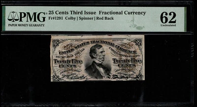 25 Cents Third Issue Fractional Currency Fr.1291 Red Back PMG 62 Uncirculate AHJ - Image 1 of 3