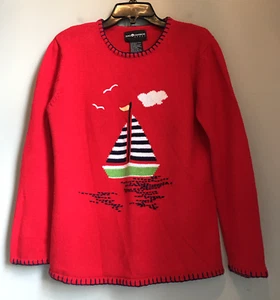 Sag Harbor Sweater Sailboat Women Small Red Ramie Whipstitch Nautical VTG 90s - Picture 1 of 9