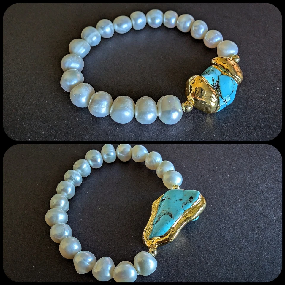 Pulsera de Perlas de Agua Dulce con Piedra Color Turquesa y Metal Tono Dorado (1 pieza) Foto 1 de 1