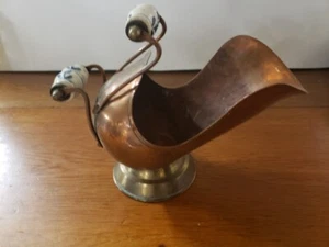 Vintage Antik Kupfer Kohle Asche Schaufel Eimer mit Delfter Blau Porzellangriffen - Bild 1 von 6