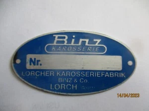 Schild Typenschild Binz Lorch Karosseriebau S84 Oldtimer Schild - Picture 1 of 1