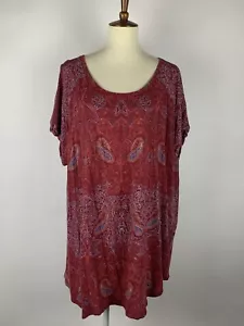 Lucky Brand Tunic Shirt Women's 3X Red Paisley Stitch Print Cuff Slit Back Tail - Picture 1 of 13