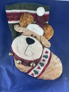 Christmas Stocking, 3D Reindeer with 3 Bells, Tree And Heart Strip. 16 Inches - Picture 1 of 6