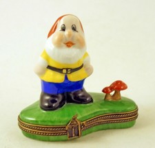 New French Limoges Trinket Box Fairy Tale Gnome On Grass W Poisonous Mushrooms