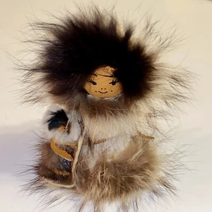 Alaska Eskimo Inuit Doll Handmade Leather Rabbit Fur With Removable Papoose Doll - Picture 1 of 9