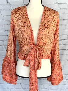Zury Mezcla Seda Cachemira Corbata Cintura Abierta Coral Envoltura Top Volantes Crochet Talla Libre - Imagen 1 de 16