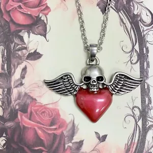 Totenkopf Flügel Herz Halskette Rosa Herz Edelstahl Anhänger Halskette - Bild 1 von 5